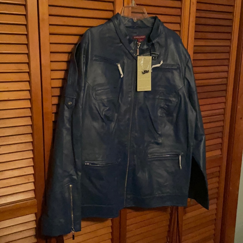 Blue leather bomber jacket.  Never worn.